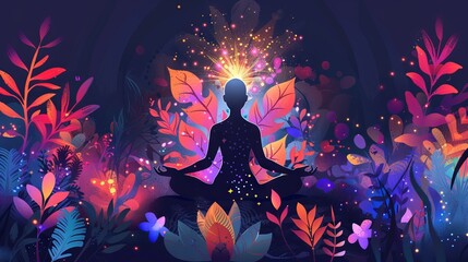 Vibrant illustration of a woman meditating with energy radiating from her head, surrounded by colorful foliage. Lady practices yoga. Concept of yoga, meditation, spiritual awakening, mental clarity