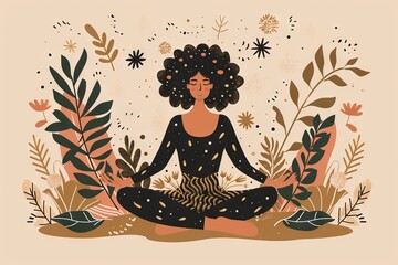 African American Woman Practicing Yoga and Meditation Surrounded by Nature Elements. Concept of Inner Peace, Relaxation, Mindfulness. Digital Illustration