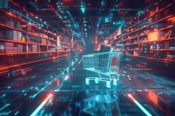 Un carrello della spesa digitale in uno spazio futuristico. Un carrello che fluttua su una strada di dati, seguito da scatole e pacchi virtuali