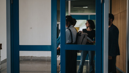A group of students and a professor stand outside a classroom door, engaged in discussion. The atmosphere is informal and academic, reflecting learning and interaction.