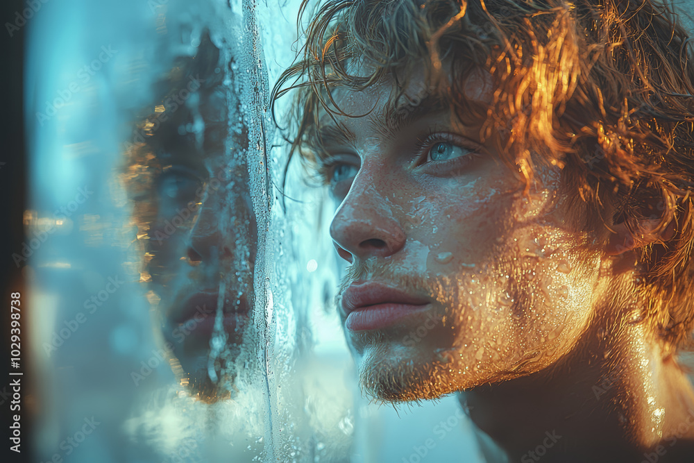 Poster a person looking at a mirror and seeing themselves in a parallel universe, symbolizing the idea of m