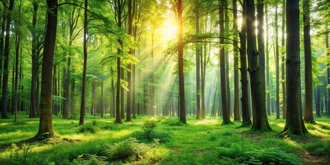 A serene forest landscape with tall trees and lush green foliage, tree canopy, forest landscape, nature backdrop