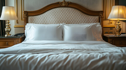 A luxurious king-sized bed in a five-star hotel suite surrounded by plush decor.