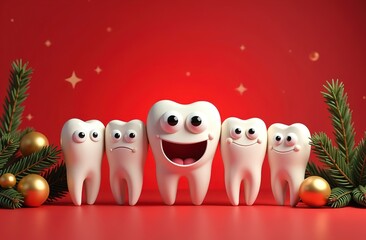 Obraz premium Figurines of smiling teeth on a red background with a Christmas decoration. Christmas and New Year's Eve at the dental clinic. A festive medical concept.
