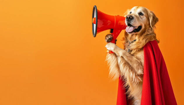 Un golden retriever vestito da supereroe tiene con gioia un megafono, in piedi su uno sfondo arancione brillante