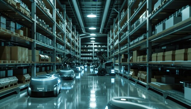 Un magazzino ad alta tecnologia con robot e bracci meccanici che spostano le merci tra gli scaffali, pronte per essere spedite in tutto il mondo