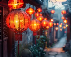 Beautiful traditional red Chinese lanterns hanging in an old street, warmly glowing in the evening, creating a festive atmosphere.