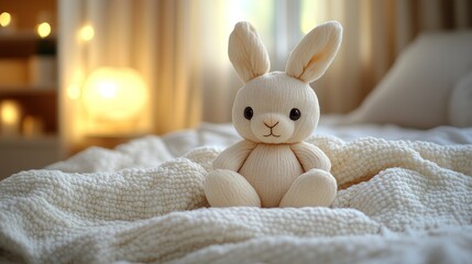 A soft, plush bunny sitting on a cozy blanket in a warmly lit room.