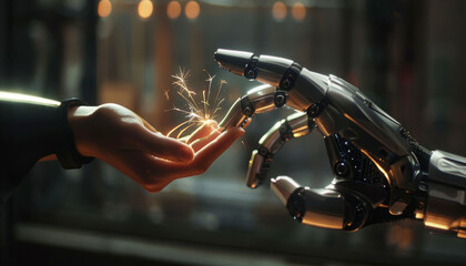 Una mano umana che tocca una mano robotica, generando una lieve scintilla luminosa nel punto di contatto