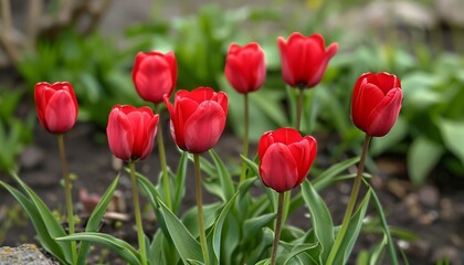Fototapeta premium Bright red tulips in full bloom in a garden with green leaves and soil, creating a vibrant spring scene.