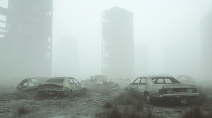 Desolate Dystopia: Eerie Abandoned Cars and Collapsed Buildings in Fog with Ultra-Detailed, Cinematic Light