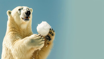 Un orso polare che gioca con una palla di neve tra le zampe, guardando in alto con un'espressione buffa su sfondo neutro