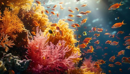 Fototapeta premium Vibrant underwater scene with colorful coral reefs and tropical fish swimming in crystal-clear ocean water, showcasing marine biodiversity.