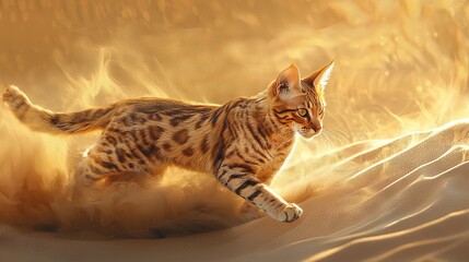 Obraz premium A photo of a feline sprinting on the beach under bright sunlight, its fur illuminated from behind Despite being blurry, it captures the essence of a playful cat enjoying