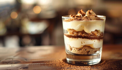 Un dessert tiramis&ugrave; in un bicchiere trasparente, con strati visibili di crema e caff&egrave;, illuminato da una luce soffusa e calda che ne esalta la consistenza e i colori