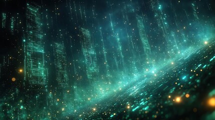 abstract representation of technology with intertwining circuits and dynamic data streams luminous blue and green hues creating a futuristic digital landscape