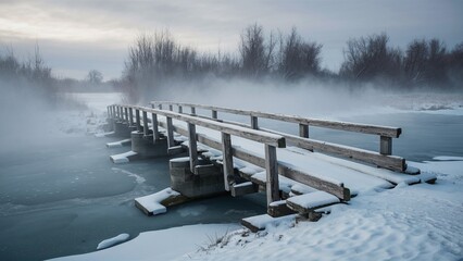 Obraz premium Desolate Wooden Bridge Over Frozen River in Winter Fog