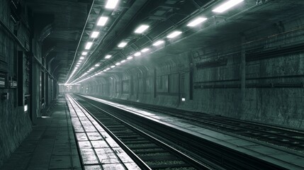 Abandoned Future: Desolate Train Station in Dystopian Society with Derelict Trains and Empty Tracks, Cinematic Light