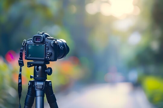 DSLR camera on tripod in nature setting
