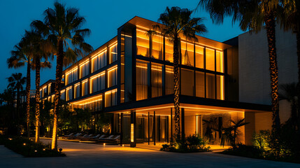 A sleek modern five-star hotel exterior at night with illuminated facade and palm trees.