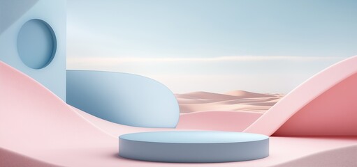Minimalist Desert Scene with Soft Blue and Pink Curves and Geometric Shapes. Perfect for stylish product advertising 