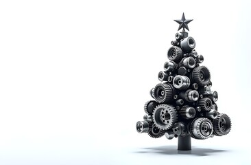Christmas tree made of car engine parts on a white background, a unique combination of festive and automotive elements.
