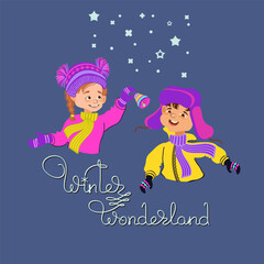Happy kids in winter clothes and handwritten inscription Winter Wonderland. Boy and girl. Cartoon children enjoying the snowfall. Holiday greeting card. Vector illustration.
