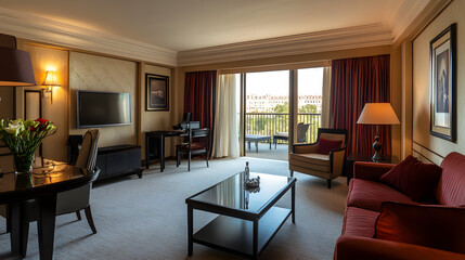 A spacious five-star hotel suite featuring modern decor and a private balcony.