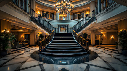 Fototapeta premium A stunning five-star hotel foyer with polished marble floors art deco lighting and a grand staircase.