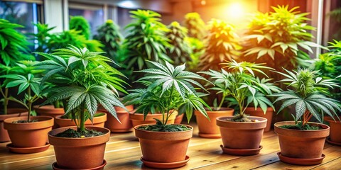 Obraz premium Indoor Small Marijuana Plant Garden Growing - Candid Photography of Lush Greens