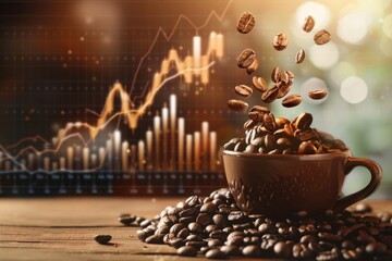 Obraz premium Chicchi di caffè che cadono in una tazza mentre sullo sfondo si vede un grafico del mercato azionario in rialzo, a simboleggiare la crescita del mercato del caffè