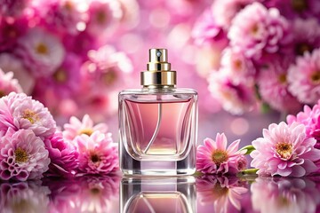 Perfume bottle with pink flowers in background