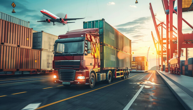 Un autocarro portacontainer opera nel porto per la logistica aziendale e il trasporto di merci su navi cargo e aerei cargo. Un ponte gru &egrave; attivo nel cantiere navale, supportando l'industria della log