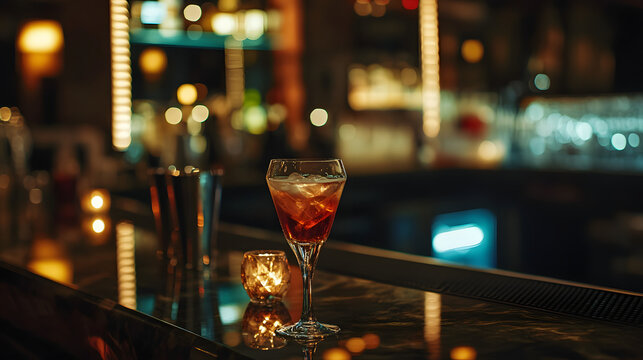 A stylish cocktail bar in a five-star hotel featuring signature drinks and mood lighting.