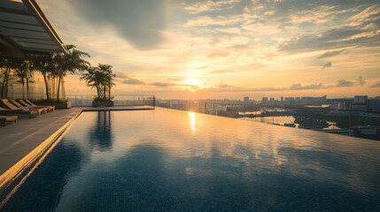 A stylish five-star hotel rooftop infinity pool with glass railings and sunset views.