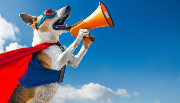 Cane vestito da supereroe, vola nel cielo con un megafono, gridando offerte sensazionali