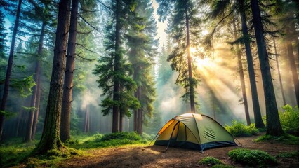 Tent nestled among tall trees with a misty forest background, environment, sky, branches