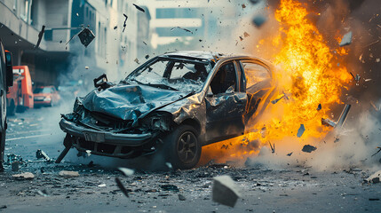 Ein Auto crasht in eine Barriere bei einem illegalen StraÃŸenrennen Wrackteile fliegen durch die Luft.