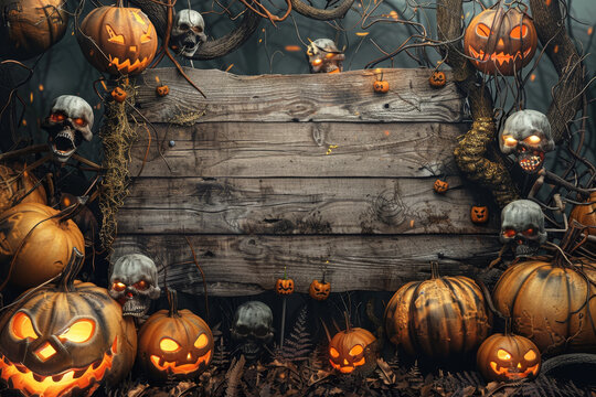 Festa di Halloween. Zucche e zombie in un cimitero, con una tavola di legno al centro