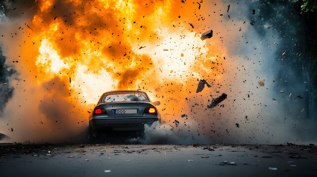 Ein Auto crasht in eine Barriere bei einem illegalen Stra&Atilde;&Yuml;enrennen Wrackteile fliegen durch die Luft.