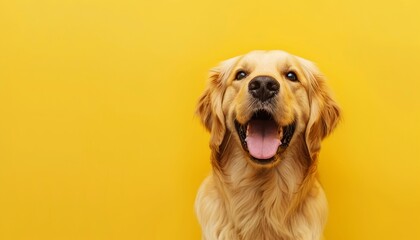 Cane golden retriever sorridente e felice, isolato su sfondo giallo