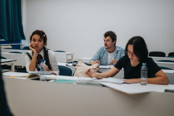 Students are attentively working on their assignments in a classroom setting, while a professor provides assistance. The atmosphere is engaging and conducive to learning, reflecting academic