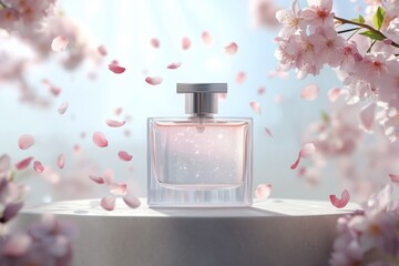 Beautiful transparent bottle with a cosmetic remedy or perfume leaned on a marble white podium with flower petals buds. Packaging design concept or mock-up surrounded by delicate cherry flower petals