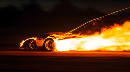 Ein brennender Auspuff eines Rennwagens leuchtet in der Nacht auf Funken fliegen hinter dem Auto her.
