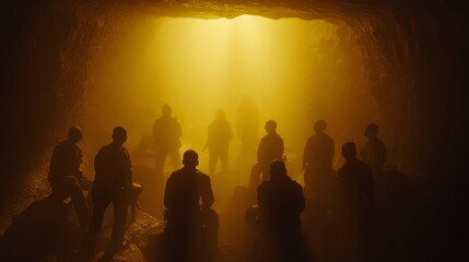 Fototapeta premium Envisioning Rebellion: Determined Group of Rebels Plotting Uprising in Shadowy Underground Hideout with Cinematic Lighting