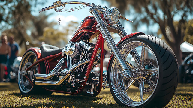 A heavily modified chopper with extended forks and custom paint standing out at a motorcycle show.