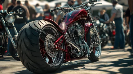 Fotobehang Motorfiets A heavily modified chopper with extended forks and custom paint standing out at a motorcycle show.  © Aaron