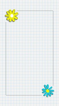 daisy and frame on notebook paper sheet pattern card template, copy space loop animation,quote and education blank vertical social media motion design element