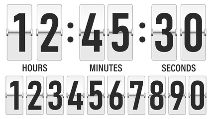 White flipboard with numbers. Info board with watches.