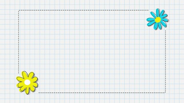 daisy and frame on notebook paper sheet pattern card template, copy space loop animation,quote and education blank motion design element